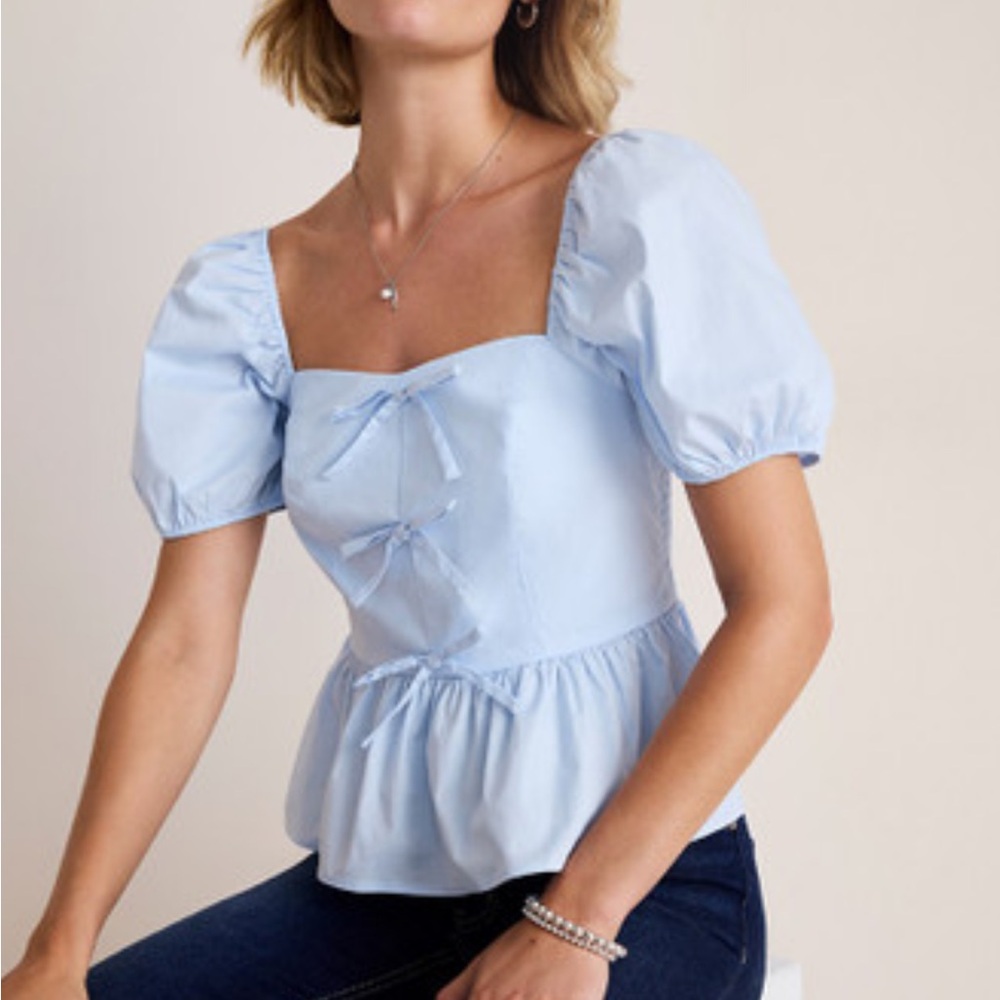Francesca's Collections Light Blue Puff Sleeve Peplum Blouse